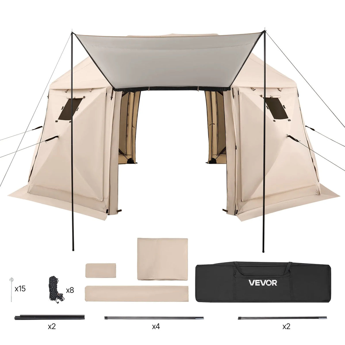 VEVOR uznirstoša sietveida lapene-telts, 4,57 × 4,57 м, 13-sānu sfēriska kempinga nojume ar noņemamu jumtu un pārnēsāšanas somu, ātra uzstādīšana, aizsardzība pret kukaiņiem, saules patversme 12-15 personām, bēša