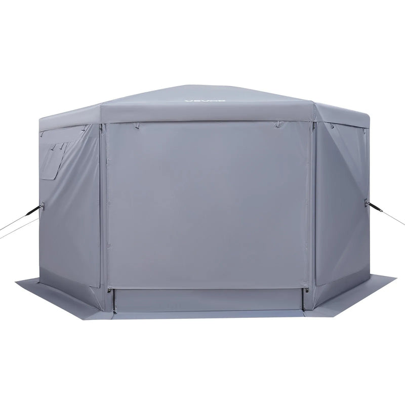 VEVOR uznirstošā lapene ar sieta telti, 3,6 × 3,6 m liela sešstūraina kempinga nojume ar noņemamu jumtu un pārnēsāšanas somu, ātri uzstādāma un pret kukaiņiem droša, sieta tipa saules patvērums 8–10 personām dārzam un terasei, pelēka