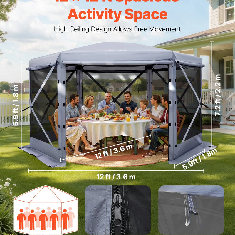 VEVOR uznirstošā lapene ar sieta telti, 3,6 × 3,6 m liela sešstūraina kempinga nojume ar noņemamu jumtu un pārnēsāšanas somu, ātri uzstādāma un pret kukaiņiem droša, sieta tipa saules patvērums 8–10 personām dārzam un terasei, pelēka