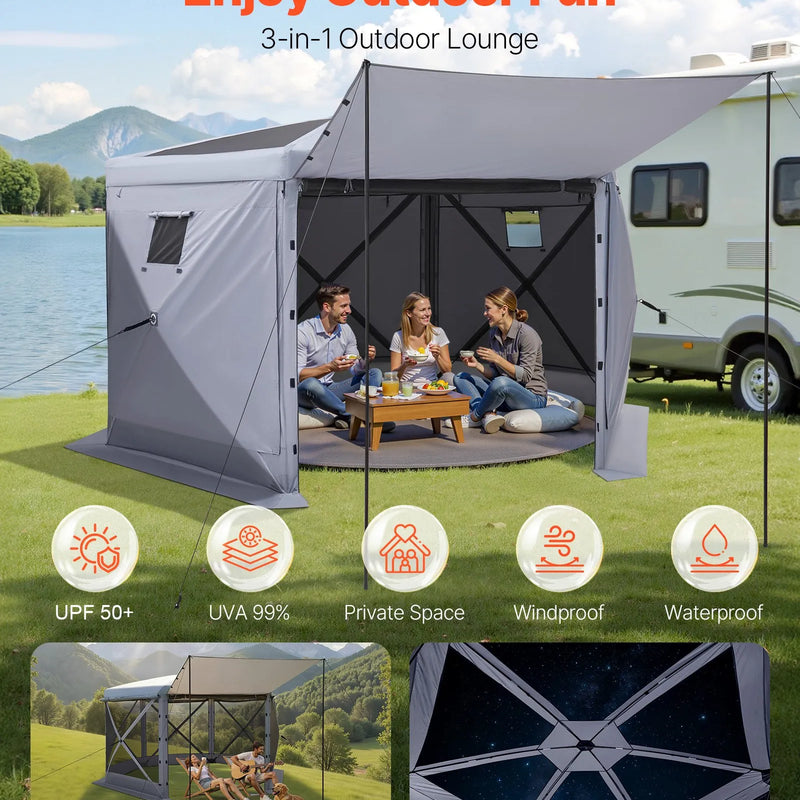 VEVOR uznirstošā lapene ar sieta telti, 3,6 × 3,6 m liela sešstūraina kempinga nojume ar noņemamu jumtu un pārnēsāšanas somu, ātri uzstādāma un pret kukaiņiem droša, sieta tipa saules patvērums 8–10 personām dārzam un terasei, pelēka