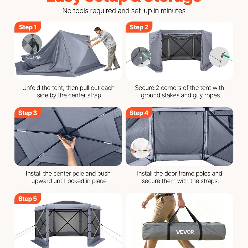 VEVOR uznirstošā lapene ar sieta telti, 3,6 × 3,6 m liela sešstūraina kempinga nojume ar noņemamu jumtu un pārnēsāšanas somu, ātri uzstādāma un pret kukaiņiem droša, sieta tipa saules patvērums 8–10 personām dārzam un terasei, pelēka