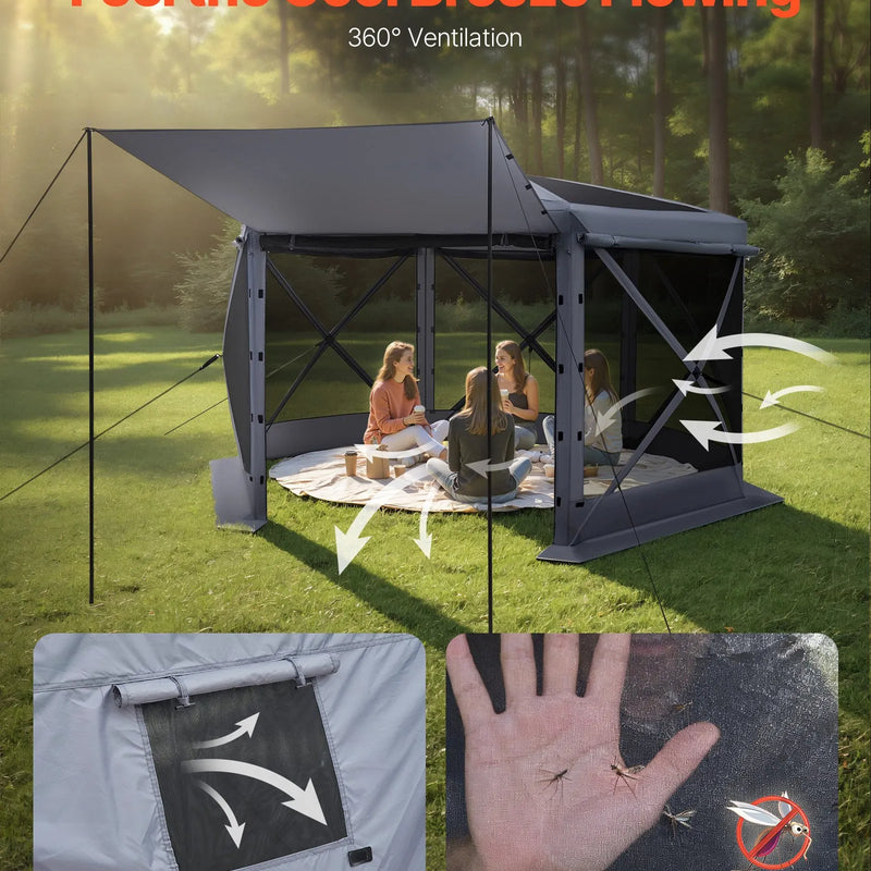 VEVOR uznirstošā lapene ar sieta telti, 3,6 × 3,6 m liela sešstūraina kempinga nojume ar noņemamu jumtu un pārnēsāšanas somu, ātri uzstādāma un pret kukaiņiem droša, sieta tipa saules patvērums 8–10 personām dārzam un terasei, pelēka