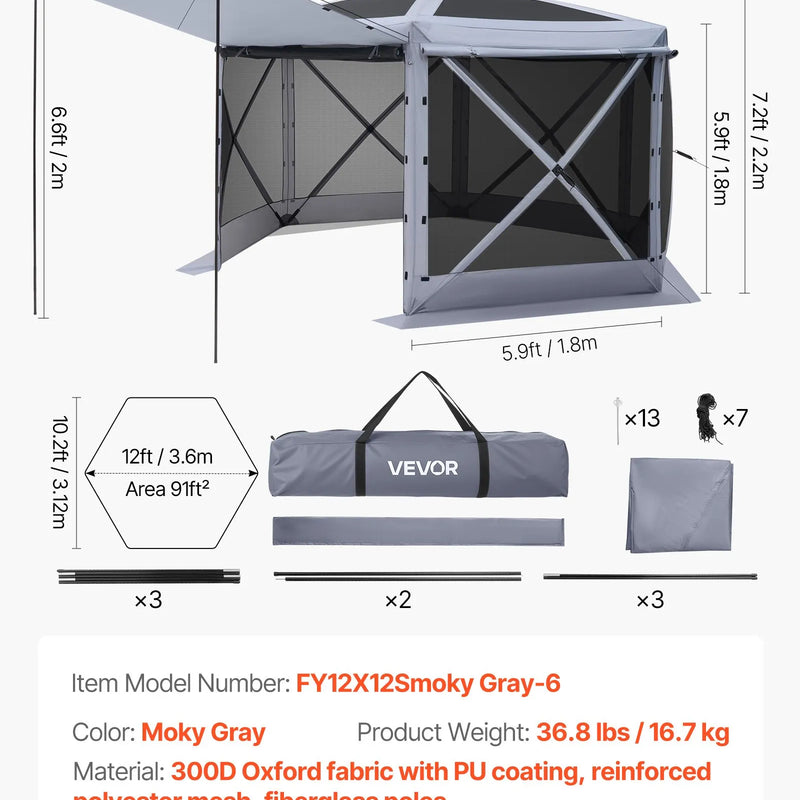 VEVOR uznirstošā lapene ar sieta telti, 3,6 × 3,6 m liela sešstūraina kempinga nojume ar noņemamu jumtu un pārnēsāšanas somu, ātri uzstādāma un pret kukaiņiem droša, sieta tipa saules patvērums 8–10 personām dārzam un terasei, pelēka