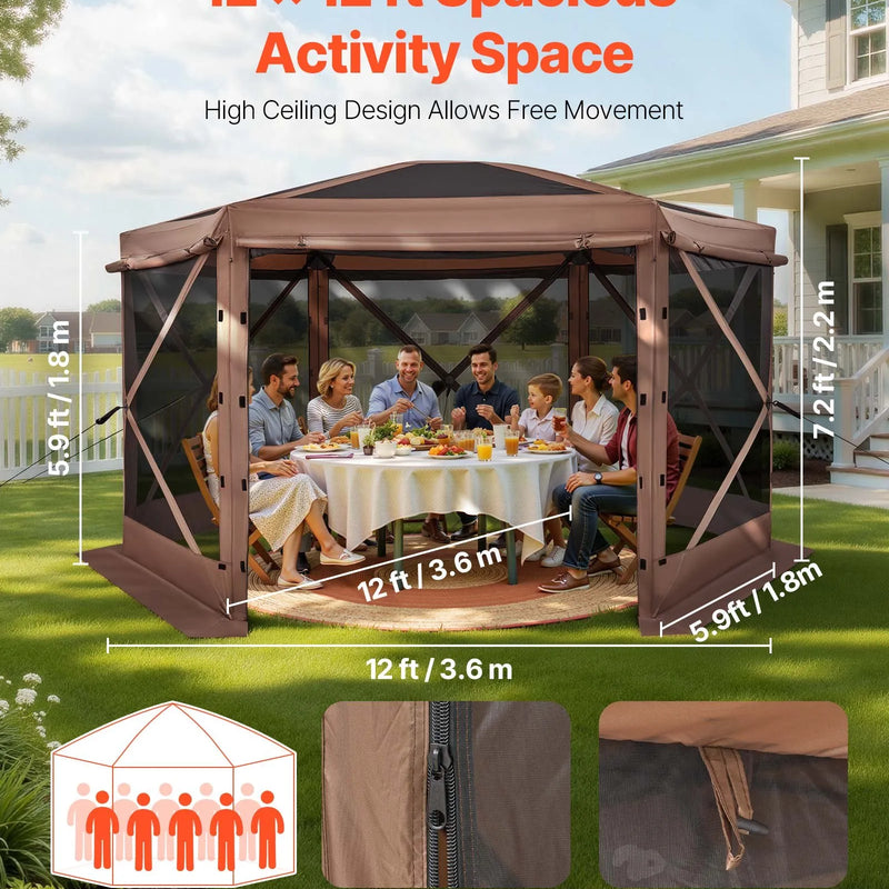 VEVOR uznirstošā lapene ar sieta telti, 3,6 × 3,6 m liela sešstūraina kempinga nojume ar noņemamu jumtu un pārnēsāšanas somu, ātri uzstādāma un pret kukaiņiem droša, sieta tipa saules patvērums 8–10 personām dārzam un terasei, brūna