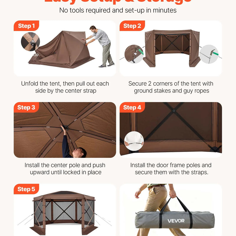 VEVOR uznirstošā lapene ar sieta telti, 3,6 × 3,6 m liela sešstūraina kempinga nojume ar noņemamu jumtu un pārnēsāšanas somu, ātri uzstādāma un pret kukaiņiem droša, sieta tipa saules patvērums 8–10 personām dārzam un terasei, brūna