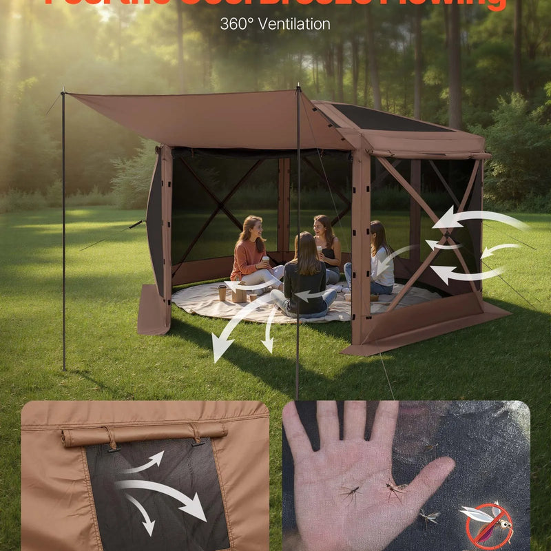 VEVOR uznirstošā lapene ar sieta telti, 3,6 × 3,6 m liela sešstūraina kempinga nojume ar noņemamu jumtu un pārnēsāšanas somu, ātri uzstādāma un pret kukaiņiem droša, sieta tipa saules patvērums 8–10 personām dārzam un terasei, brūna