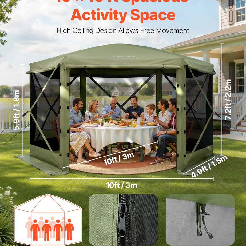 VEVOR uznirstošā lapene ar sieta telti, 3 × 3 m liela sešstūraina kempinga nojume ar noņemamu jumtu un pārnēsāšanas somu, ātri uzstādāma un pret kukaiņiem droša, sieta tipa saules patvērums 6–8 personām dārzam un terasei, zaļa