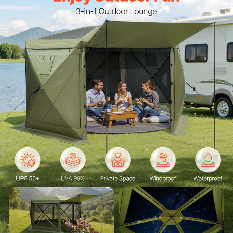 VEVOR uznirstošā lapene ar sieta telti, 3 × 3 m liela sešstūraina kempinga nojume ar noņemamu jumtu un pārnēsāšanas somu, ātri uzstādāma un pret kukaiņiem droša, sieta tipa saules patvērums 6–8 personām dārzam un terasei, zaļa