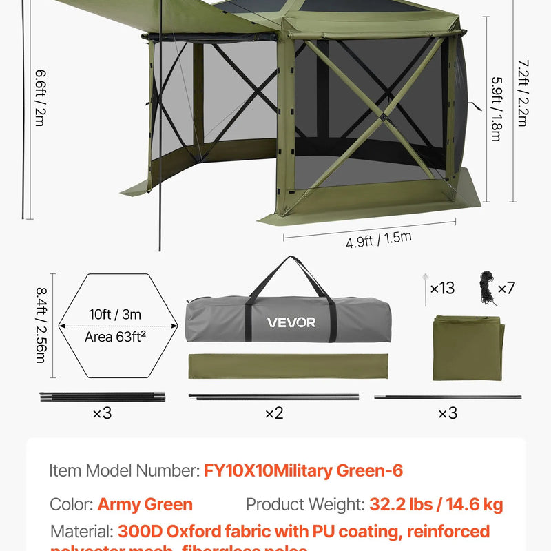VEVOR uznirstošā lapene ar sieta telti, 3 × 3 m liela sešstūraina kempinga nojume ar noņemamu jumtu un pārnēsāšanas somu, ātri uzstādāma un pret kukaiņiem droša, sieta tipa saules patvērums 6–8 personām dārzam un terasei, zaļa