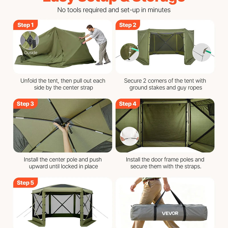 VEVOR uznirstošā lapene ar sieta telti, 3,6 × 3,6 m liela sešstūraina kempinga nojume ar noņemamu jumtu un pārnēsāšanas somu, ātri uzstādāma un pret kukaiņiem droša, sieta tipa saules patvērums 8–10 personām dārzam un terasei, zaļa