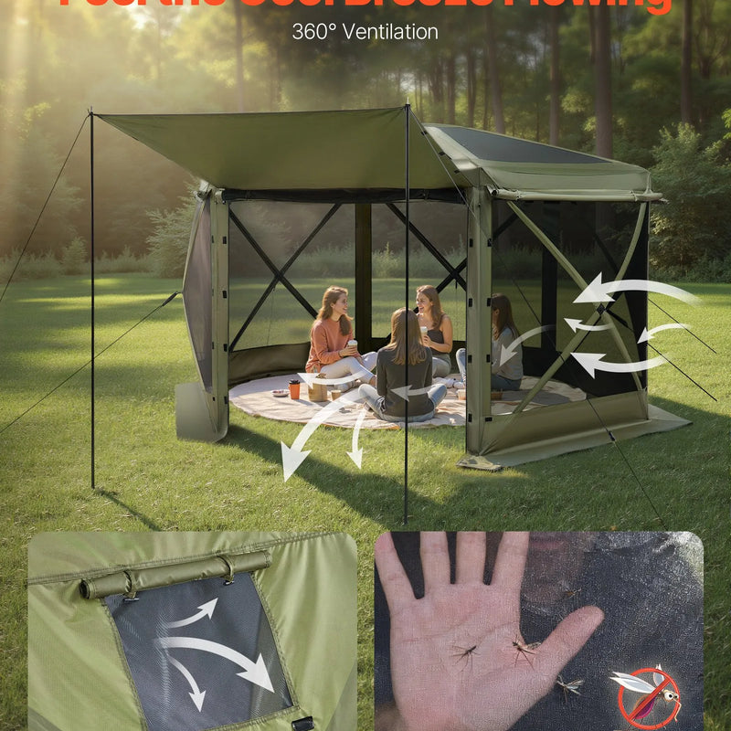 VEVOR uznirstošā lapene ar sieta telti, 3,6 × 3,6 m liela sešstūraina kempinga nojume ar noņemamu jumtu un pārnēsāšanas somu, ātri uzstādāma un pret kukaiņiem droša, sieta tipa saules patvērums 8–10 personām dārzam un terasei, zaļa