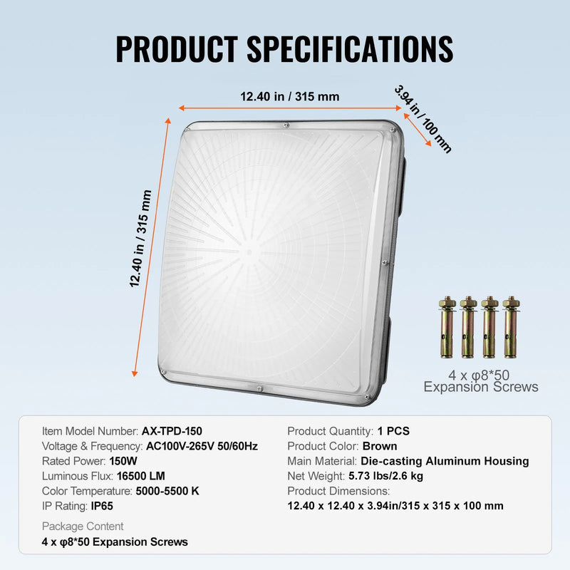 LED griestu gaismeklis, 150 W, 16 500 lm, 5000 K dienasgaisma, komerciālai un industriālai lietošanai, 315 × 315 mm uz virsmas stiprināms griestu apgaismojums degvielas uzpildes stacijām, noliktavām, garāžām, veikaliem un viesnīcām, IP65