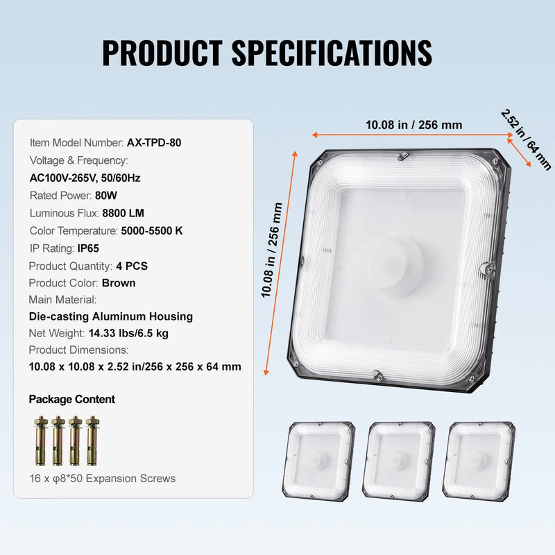 4 gab. LED griestu gaismekļi, 80 W, 8800 lm, 5000 K dienasgaisma, komerciālai un industriālai lietošanai, 256 × 256 mm uz virsmas stiprināmi griestu gaismekļi degvielas uzpildes stacijām, noliktavām, garāžām, veikaliem un ielām, IP65