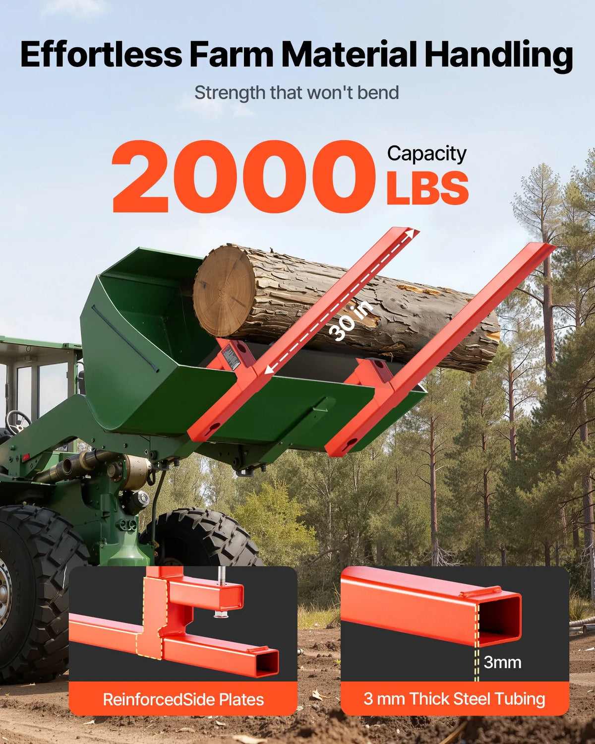 VEVOR Pallet Forks with Attachment, 907 kg Lifting Capacity, 109 cm Total Length, Heavy-Duty Quick-Attach Tractor Forks for Front Loader, Bucket and Mini Loader, Orange