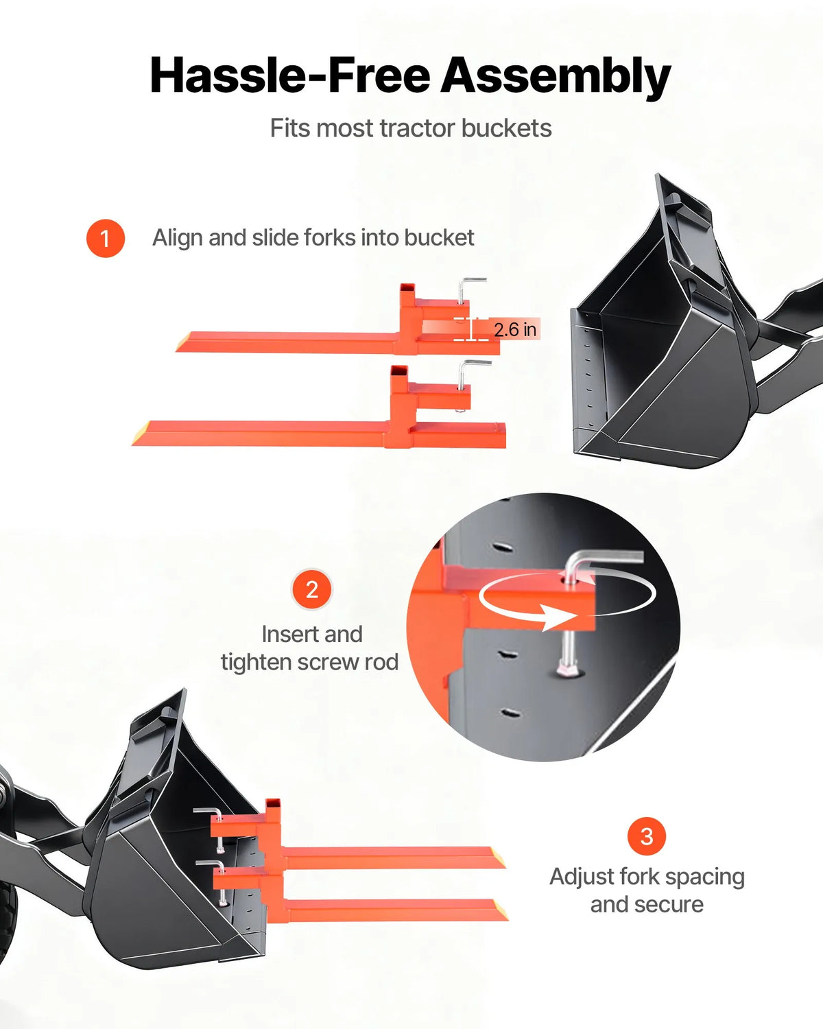 VEVOR Pallet Forks with Attachment, 907 kg Lifting Capacity, 109 cm Total Length, Heavy-Duty Quick-Attach Tractor Forks for Front Loader, Bucket and Mini Loader, Orange