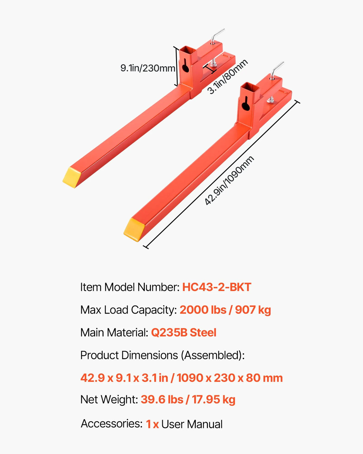 VEVOR Pallet Forks with Attachment, 907 kg Lifting Capacity, 109 cm Total Length, Heavy-Duty Quick-Attach Tractor Forks for Front Loader, Bucket and Mini Loader, Orange