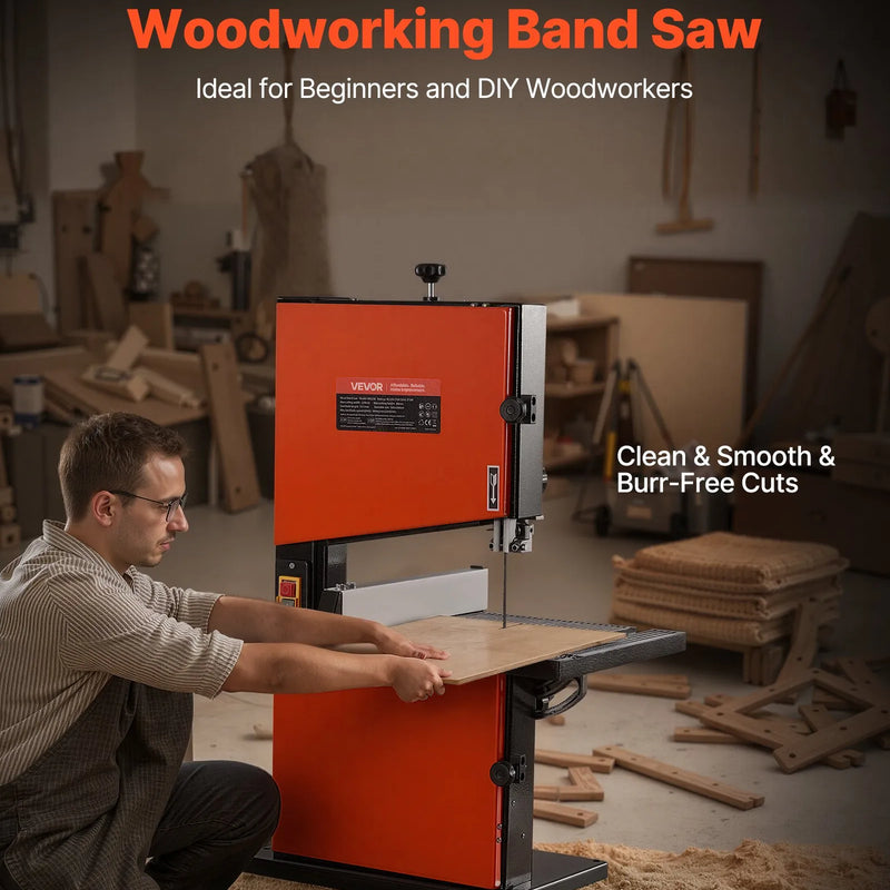 VEVOR galda tipa lentzāģis kokapstrādei, 229 mm, ar 373 W (0,5 ZS) motoru, maks. griešanas augstums 90 mm, 300 × 300 mm lietā alumīnija galds ar 0–45° slīpumu, komplektā leņķmērs un paralēlā atdure