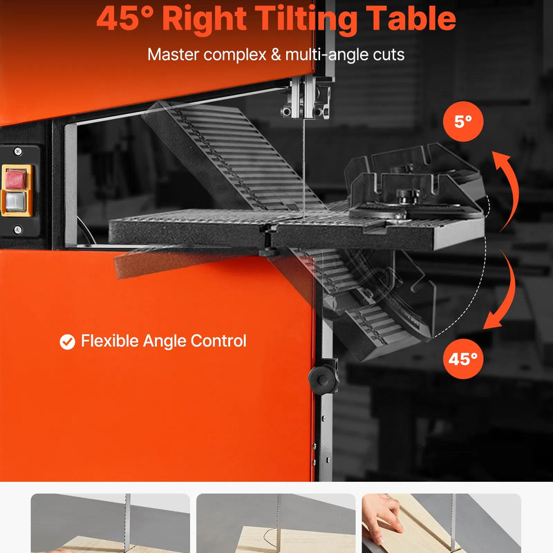 VEVOR galda tipa lentzāģis kokapstrādei, 229 mm, ar 373 W (0,5 ZS) motoru, maks. griešanas augstums 90 mm, 300 × 300 mm lietā alumīnija galds ar 0–45° slīpumu, komplektā leņķmērs un paralēlā atdure