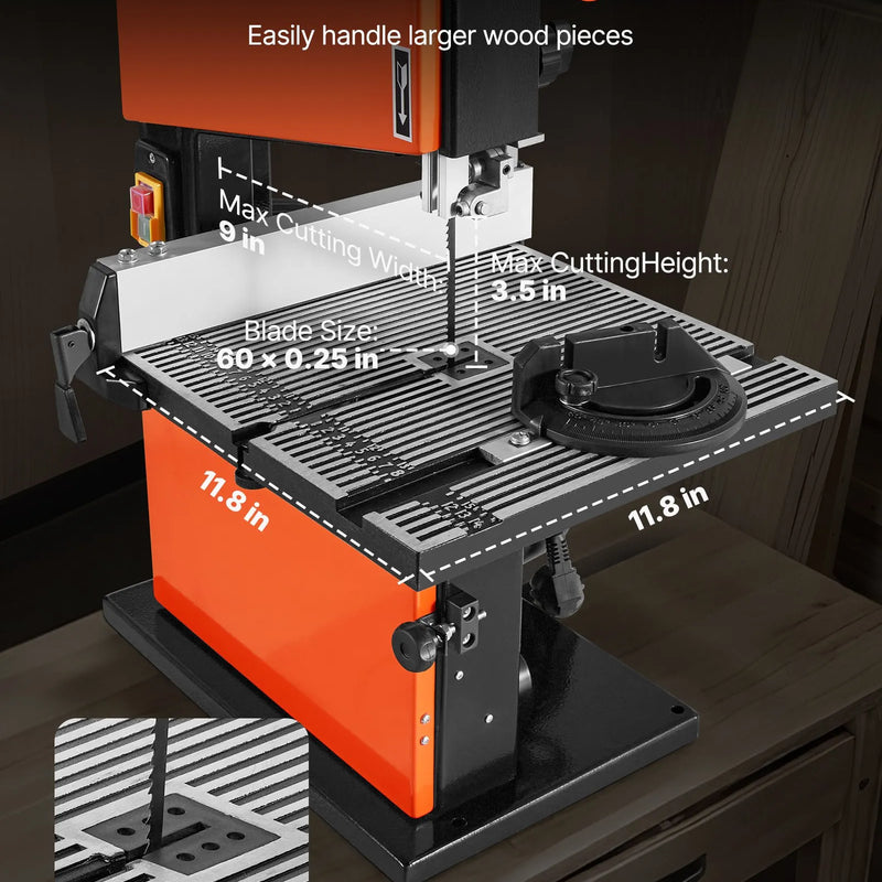 VEVOR galda tipa lentzāģis kokapstrādei, 229 mm, ar 373 W (0,5 ZS) motoru, maks. griešanas augstums 90 mm, 300 × 300 mm lietā alumīnija galds ar 0–45° slīpumu, komplektā leņķmērs un paralēlā atdure