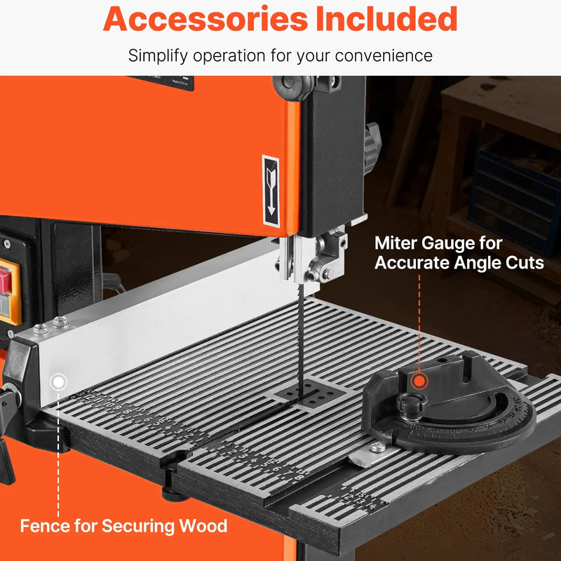 VEVOR galda tipa lentzāģis kokapstrādei, 229 mm, ar 373 W (0,5 ZS) motoru, maks. griešanas augstums 90 mm, 300 × 300 mm lietā alumīnija galds ar 0–45° slīpumu, komplektā leņķmērs un paralēlā atdure