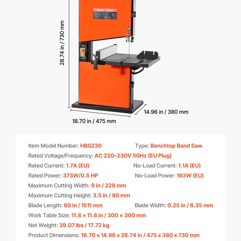 VEVOR galda tipa lentzāģis kokapstrādei, 229 mm, ar 373 W (0,5 ZS) motoru, maks. griešanas augstums 90 mm, 300 × 300 mm lietā alumīnija galds ar 0–45° slīpumu, komplektā leņķmērs un paralēlā atdure