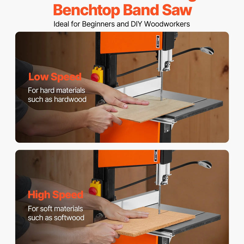 VEVOR lentzāģis kokapstrādei, 254 mm, galda tipa divu ātrumu lentzāģis ar 373 W (0,5 ZS) motoru, maks. griešanas augstums 160 mm, 335 × 340 mm čuguna galds, 360° darba apgaismojums, leņķmērs un paralēlā atdure