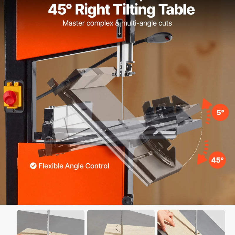 VEVOR lentzāģis kokapstrādei, 254 mm, galda tipa divu ātrumu lentzāģis ar 373 W (0,5 ZS) motoru, maks. griešanas augstums 160 mm, 335 × 340 mm čuguna galds, 360° darba apgaismojums, leņķmērs un paralēlā atdure