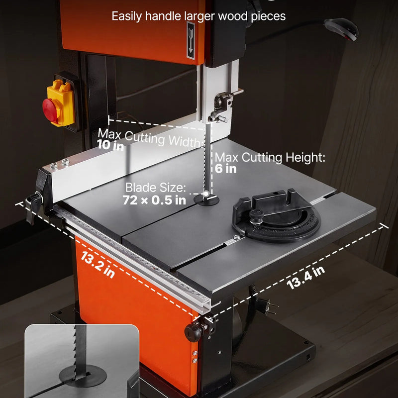 VEVOR lentzāģis kokapstrādei, 254 mm, galda tipa divu ātrumu lentzāģis ar 373 W (0,5 ZS) motoru, maks. griešanas augstums 160 mm, 335 × 340 mm čuguna galds, 360° darba apgaismojums, leņķmērs un paralēlā atdure