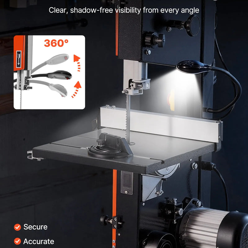 VEVOR lentzāģis kokapstrādei, 254 mm, galda tipa divu ātrumu lentzāģis ar 373 W (0,5 ZS) motoru, maks. griešanas augstums 160 mm, 335 × 340 mm čuguna galds, 360° darba apgaismojums, leņķmērs un paralēlā atdure
