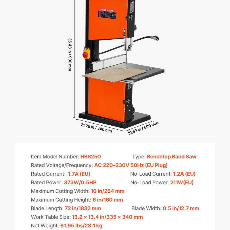 VEVOR lentzāģis kokapstrādei, 254 mm, galda tipa divu ātrumu lentzāģis ar 373 W (0,5 ZS) motoru, maks. griešanas augstums 160 mm, 335 × 340 mm čuguna galds, 360° darba apgaismojums, leņķmērs un paralēlā atdure