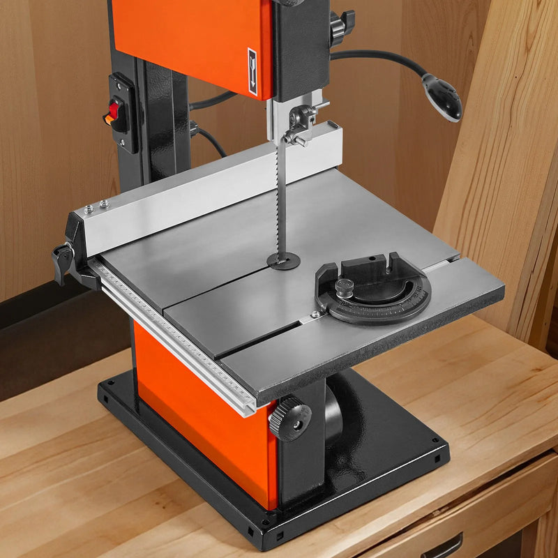 VEVOR lentzāģis kokapstrādei, 254 mm, galda tipa divu ātrumu lentzāģis ar 373 W (0,5 ZS) motoru, maks. griešanas augstums 160 mm, 335 × 340 mm čuguna galds, 360° darba apgaismojums, leņķmērs un paralēlā atdure