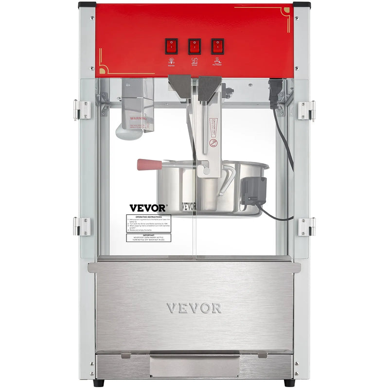 VEVOR galda popkorna aparāts 1440 W, 12 oz katls līdz 80 porcijām vienā ciklā, ar rūdīta stikla korpusu un 3 nerūsējošā tērauda piederumiem, kino stila, sarkans - ZEMLETES.LV