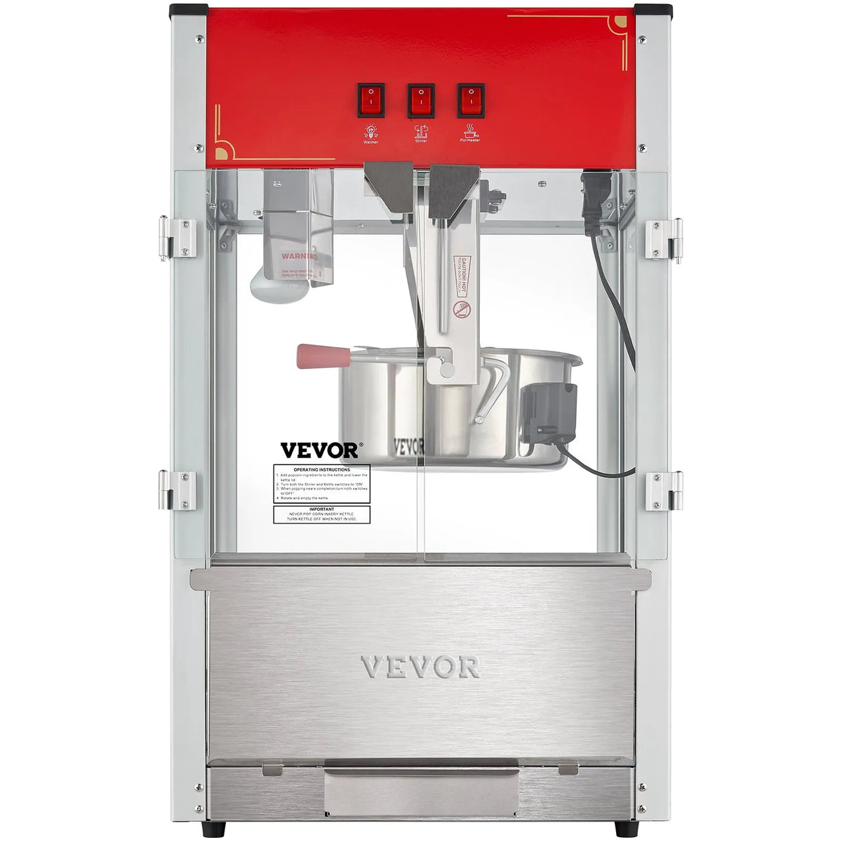 VEVOR galda popkorna aparāts 1440 W, 12 oz katls līdz 80 porcijām vienā ciklā, ar rūdīta stikla korpusu un 3 nerūsējošā tērauda piederumiem, kino stila, sarkans - ZEMLETES.LV