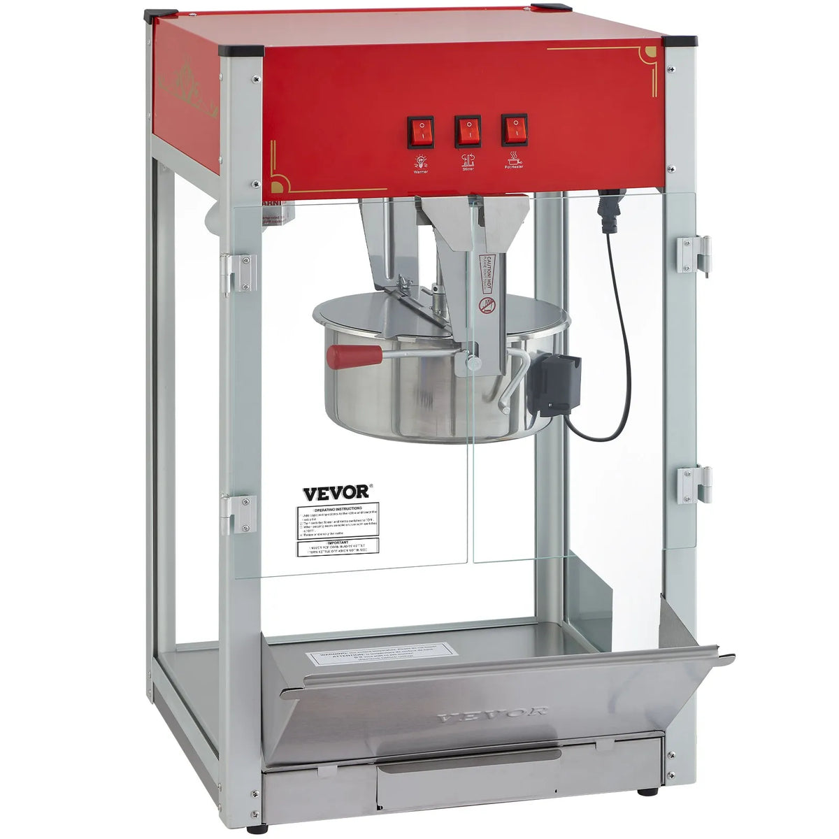 VEVOR galda popkorna aparāts 1440 W, 12 oz katls līdz 80 porcijām vienā ciklā, ar rūdīta stikla korpusu un 3 nerūsējošā tērauda piederumiem, kino stila, sarkans - ZEMLETES.LV