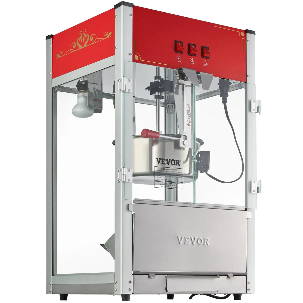 VEVOR galda popkorna aparāts 1440 W, 12 oz katls līdz 80 porcijām vienā ciklā, ar rūdīta stikla korpusu un 3 nerūsējošā tērauda piederumiem, kino stila, sarkans - ZEMLETES.LV