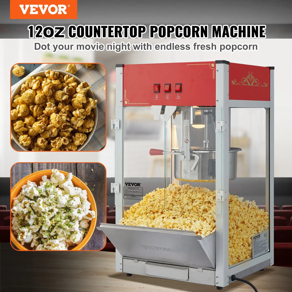 VEVOR galda popkorna aparāts 1440 W, 12 oz katls līdz 80 porcijām vienā ciklā, ar rūdīta stikla korpusu un 3 nerūsējošā tērauda piederumiem, kino stila, sarkans - ZEMLETES.LV