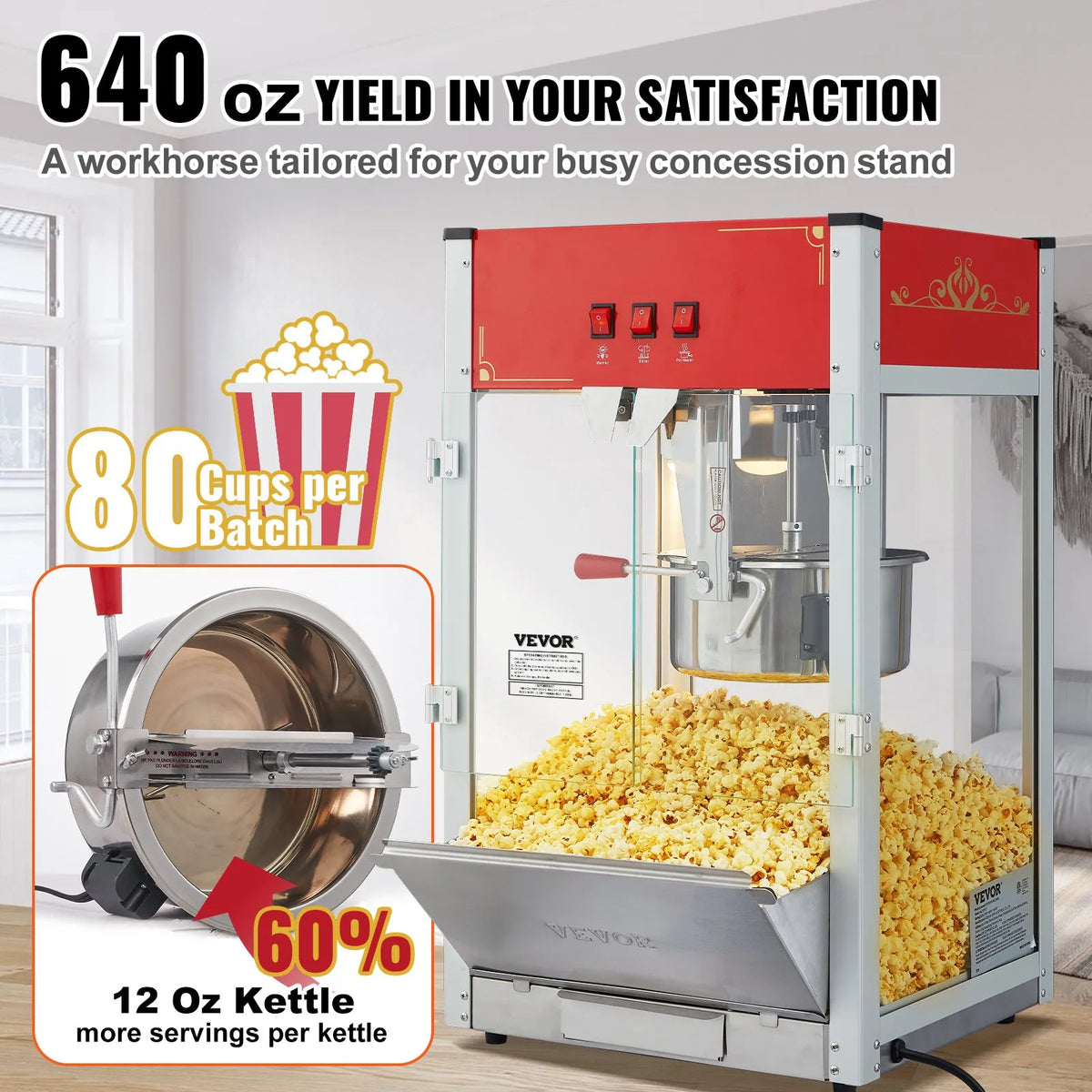 VEVOR galda popkorna aparāts 1440 W, 12 oz katls līdz 80 porcijām vienā ciklā, ar rūdīta stikla korpusu un 3 nerūsējošā tērauda piederumiem, kino stila, sarkans - ZEMLETES.LV
