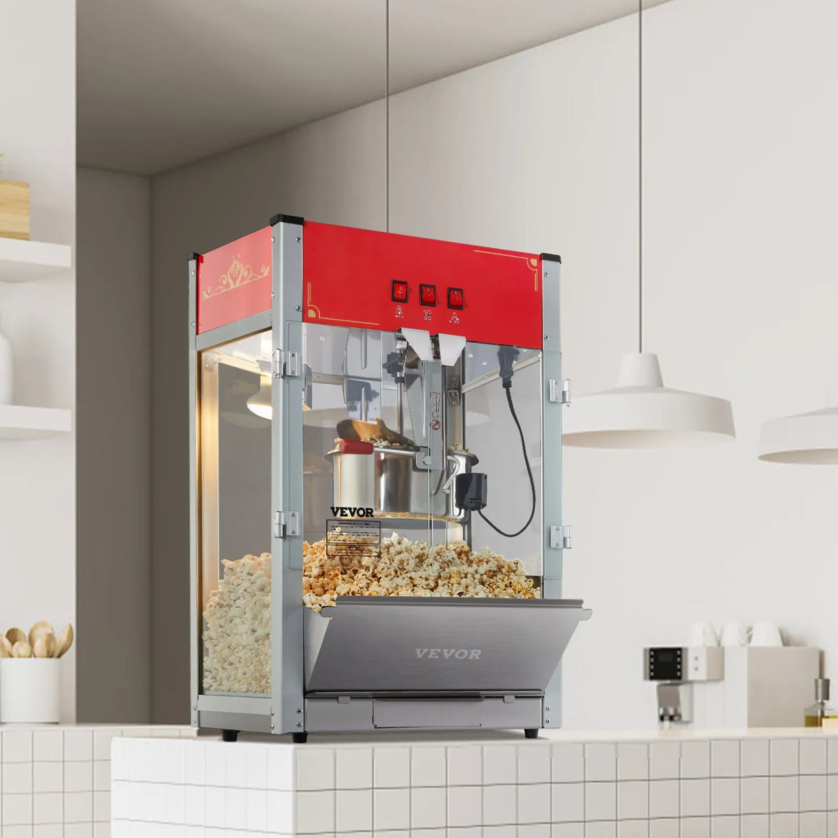 VEVOR galda popkorna aparāts 1440 W, 12 oz katls līdz 80 porcijām vienā ciklā, ar rūdīta stikla korpusu un 3 nerūsējošā tērauda piederumiem, kino stila, sarkans - ZEMLETES.LV
