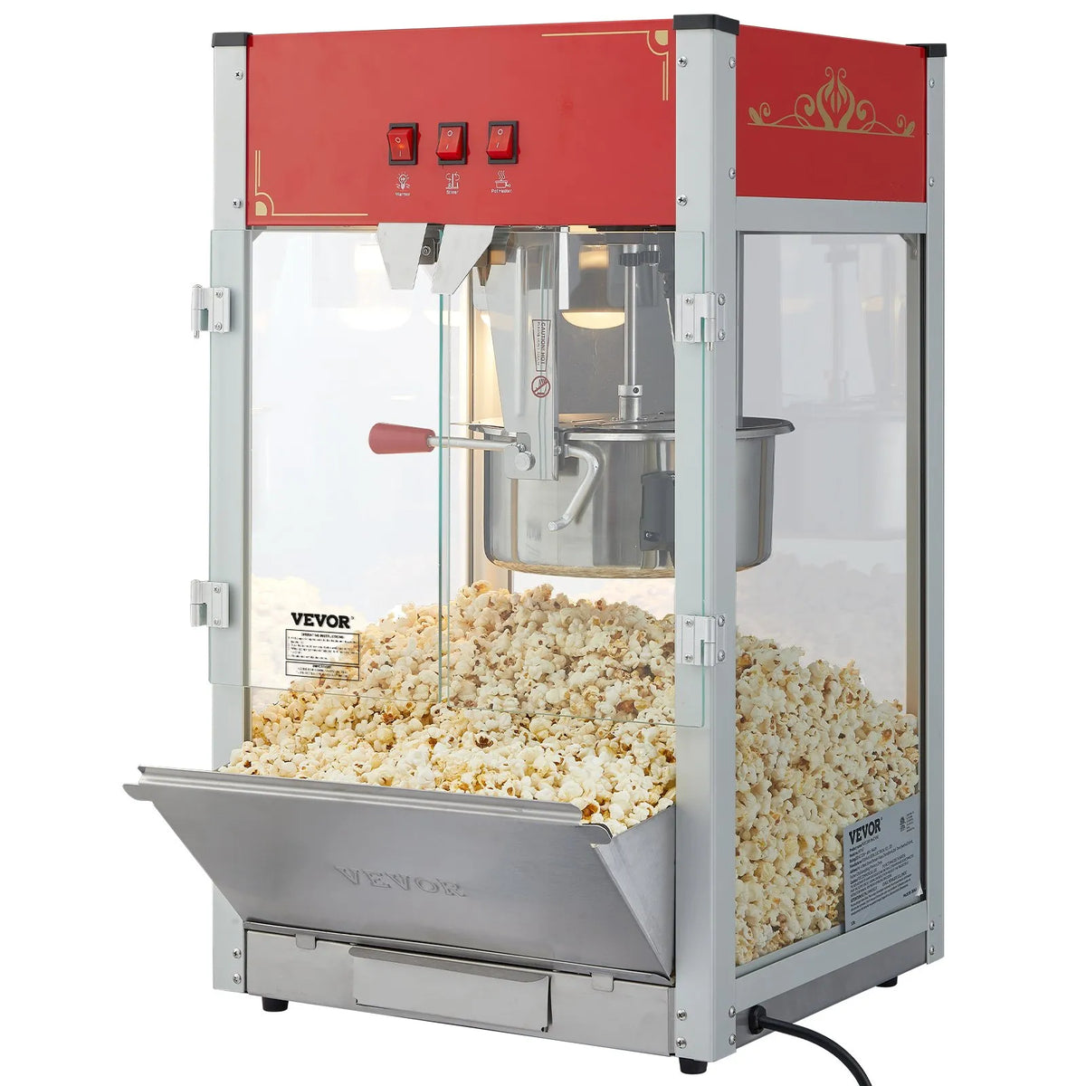 VEVOR galda popkorna aparāts 1440 W, 12 oz katls līdz 80 porcijām vienā ciklā, ar rūdīta stikla korpusu un 3 nerūsējošā tērauda piederumiem, kino stila, sarkans - ZEMLETES.LV