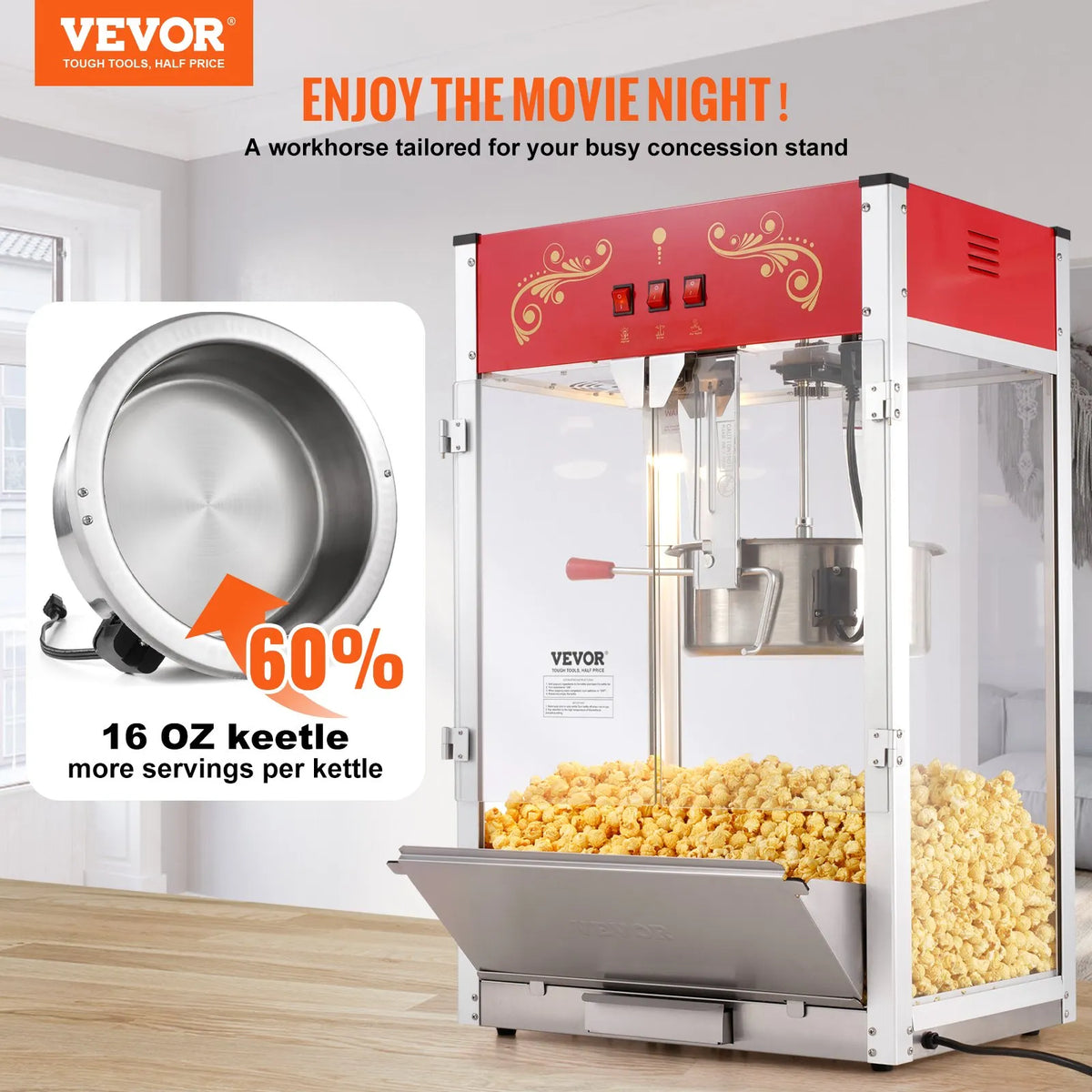 VEVOR galda popkorna aparāts 1615 W, 16 oz katls lielai ietilpībai, ar rūdīta stikla korpusu un 3 nerūsējošā tērauda piederumiem, kino stila, sarkans - ZEMLETES.LV