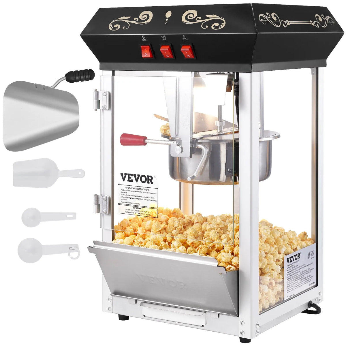 VEVOR galda popkorna aparāts 850 W, 8 oz katls līdz 48 porcijām vienā ciklā, ar rūdīta stikla korpusu un 4 piederumiem, kino stila, melns - ZEMLETES.LV