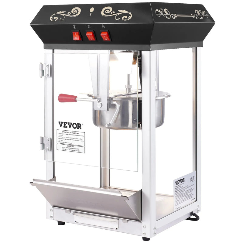 VEVOR galda popkorna aparāts 850 W, 8 oz katls līdz 48 porcijām vienā ciklā, ar rūdīta stikla korpusu un 4 piederumiem, kino stila, melns - ZEMLETES.LV