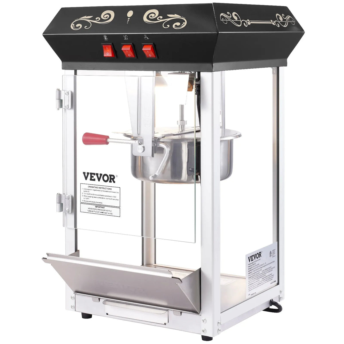 VEVOR galda popkorna aparāts 850 W, 8 oz katls līdz 48 porcijām vienā ciklā, ar rūdīta stikla korpusu un 4 piederumiem, kino stila, melns - ZEMLETES.LV