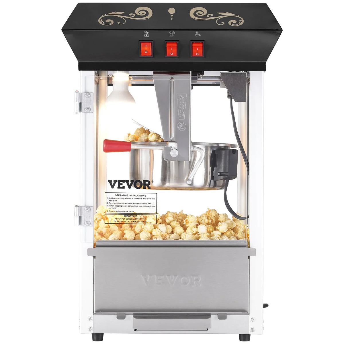 VEVOR galda popkorna aparāts 850 W, 8 oz katls līdz 48 porcijām vienā ciklā, ar rūdīta stikla korpusu un 4 piederumiem, kino stila, melns - ZEMLETES.LV