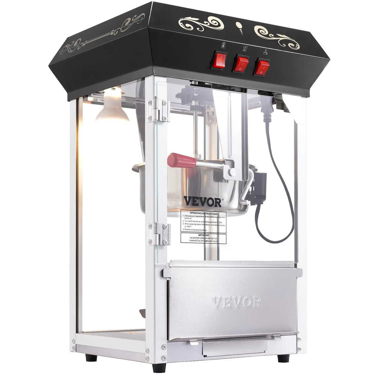 VEVOR galda popkorna aparāts 850 W, 8 oz katls līdz 48 porcijām vienā ciklā, ar rūdīta stikla korpusu un 4 piederumiem, kino stila, melns - ZEMLETES.LV
