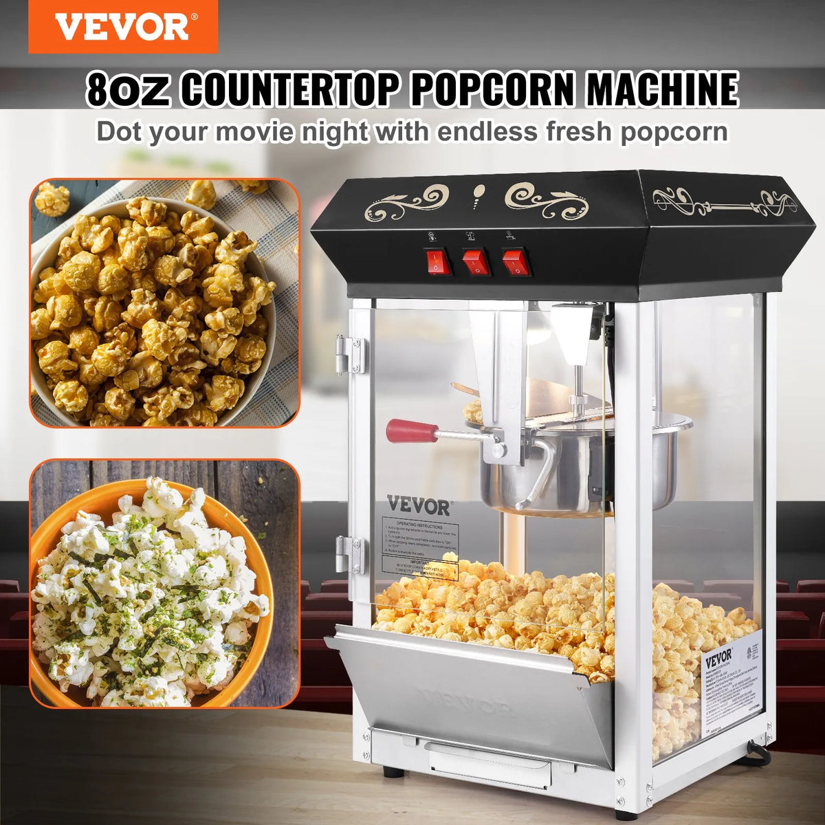 VEVOR galda popkorna aparāts 850 W, 8 oz katls līdz 48 porcijām vienā ciklā, ar rūdīta stikla korpusu un 4 piederumiem, kino stila, melns - ZEMLETES.LV