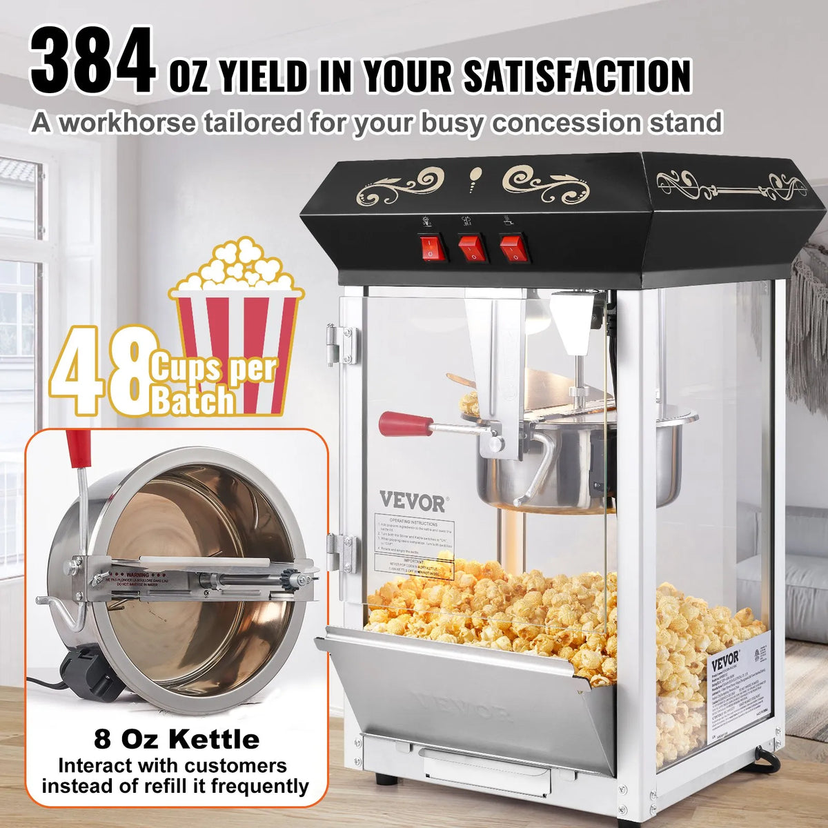 VEVOR galda popkorna aparāts 850 W, 8 oz katls līdz 48 porcijām vienā ciklā, ar rūdīta stikla korpusu un 4 piederumiem, kino stila, melns - ZEMLETES.LV
