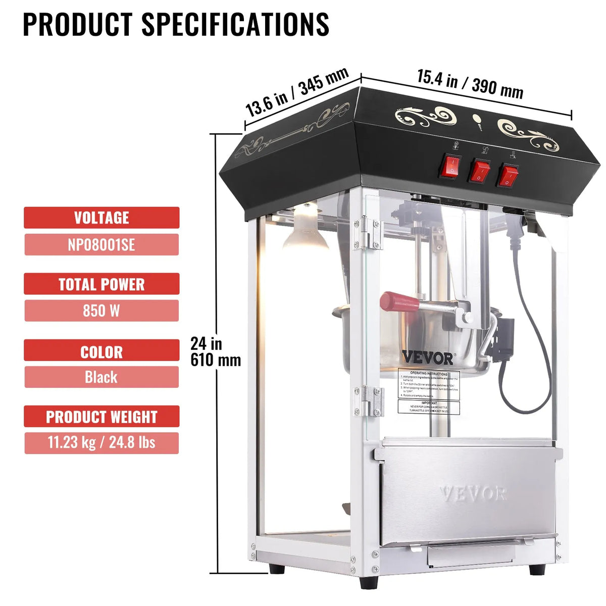 VEVOR galda popkorna aparāts 850 W, 8 oz katls līdz 48 porcijām vienā ciklā, ar rūdīta stikla korpusu un 4 piederumiem, kino stila, melns - ZEMLETES.LV
