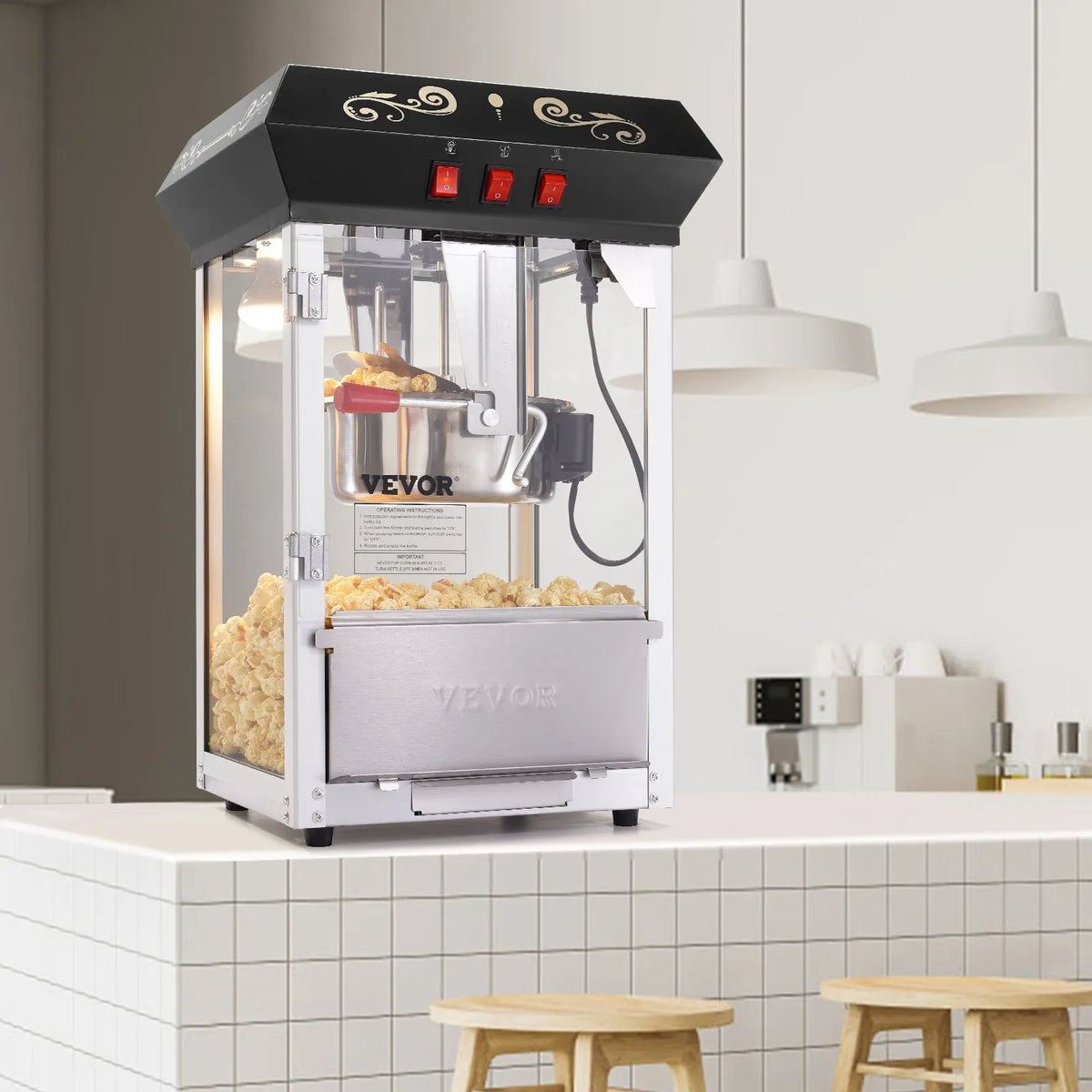 VEVOR galda popkorna aparāts 850 W, 8 oz katls līdz 48 porcijām vienā ciklā, ar rūdīta stikla korpusu un 4 piederumiem, kino stila, melns - ZEMLETES.LV