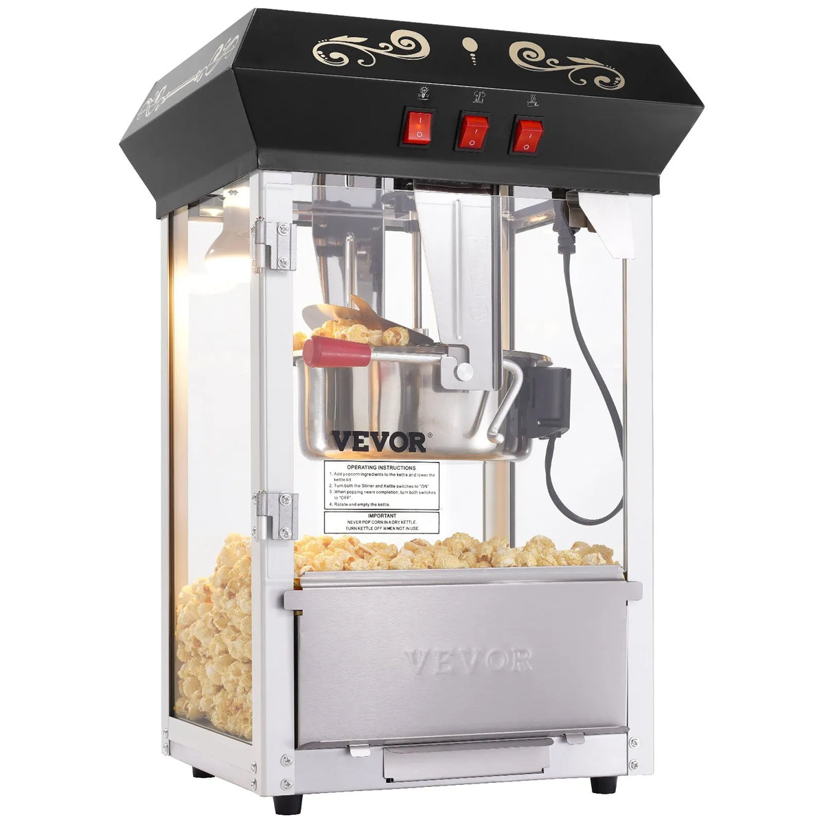 VEVOR galda popkorna aparāts 850 W, 8 oz katls līdz 48 porcijām vienā ciklā, ar rūdīta stikla korpusu un 4 piederumiem, kino stila, melns - ZEMLETES.LV
